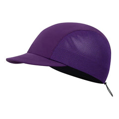 Purple cycling cap with mesh sides and adjustable strap